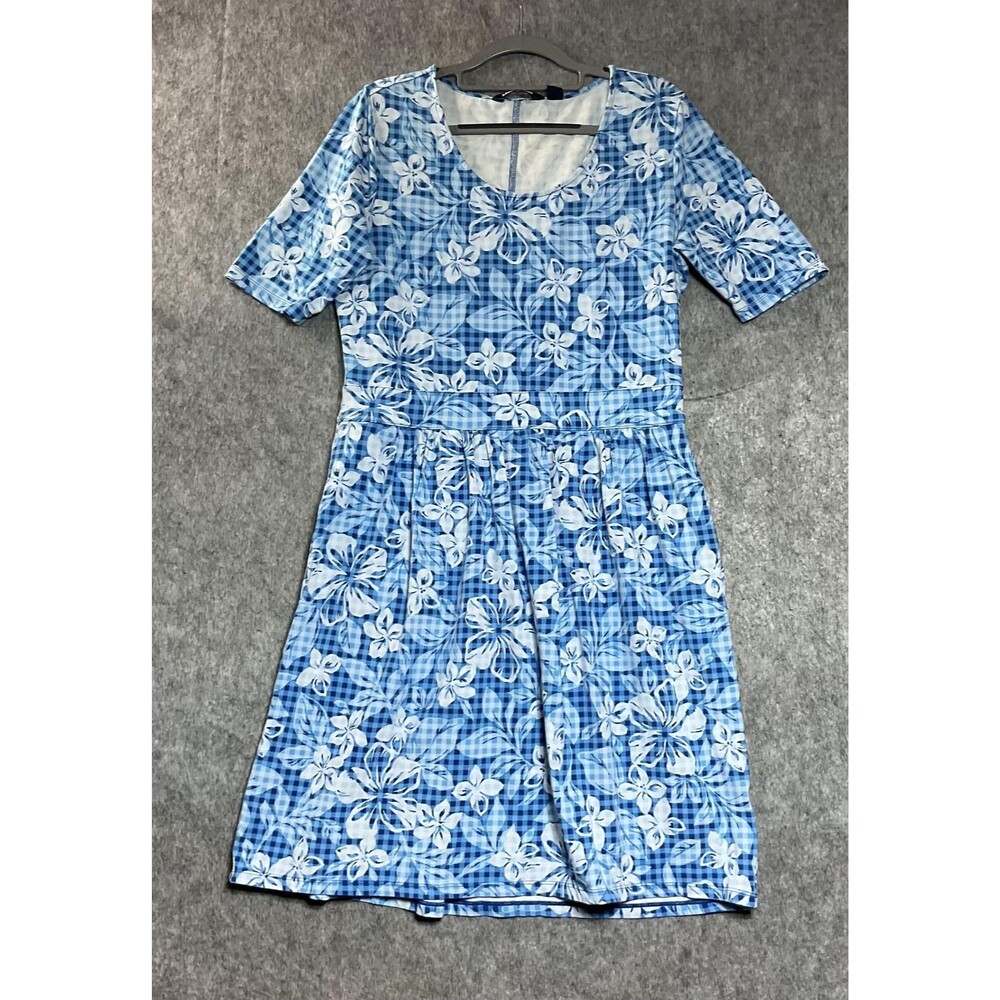 Lands End Dress Womens Medium Blue Floral Gingham Pockets Cottage Prairie Casual